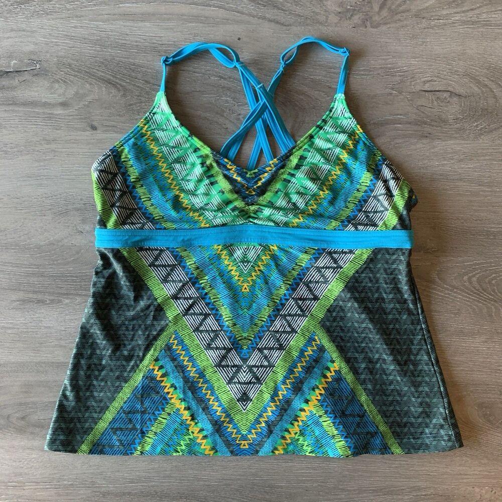 Prana Womens Tankini Top Size Large Green Blue Strappy Bra Geometric